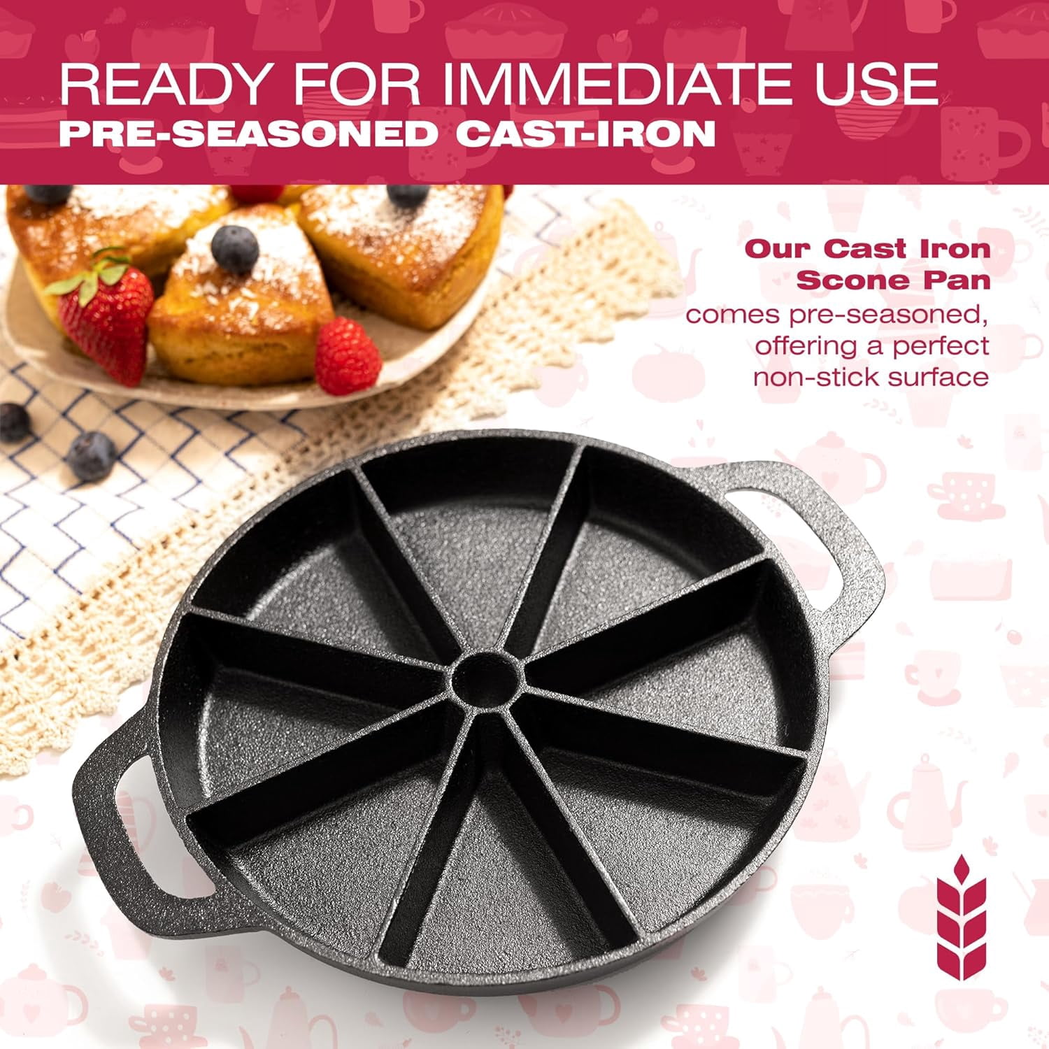 Cast Iron Scone Pan with 8-Slot Design for Baking, Cornbread & More - Includes Oven Mitts, Trivet & Oil Brush