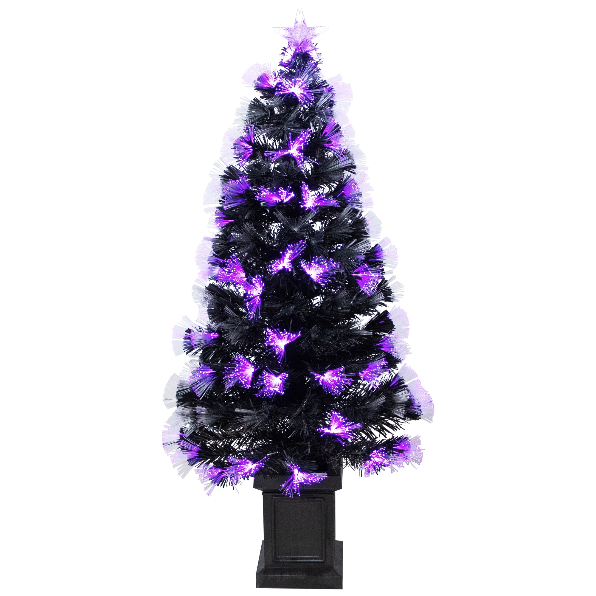 8-Function Fiber Optic Artificial Pine Potted Halloween Tree - 4' - Black - Orange and Purple LED