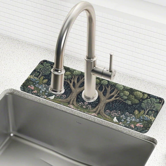 Yayeee Faucet Mat for Kitchen Sink 14.7" Diatomite Long Splash Guard Pad, Green Forest Scene