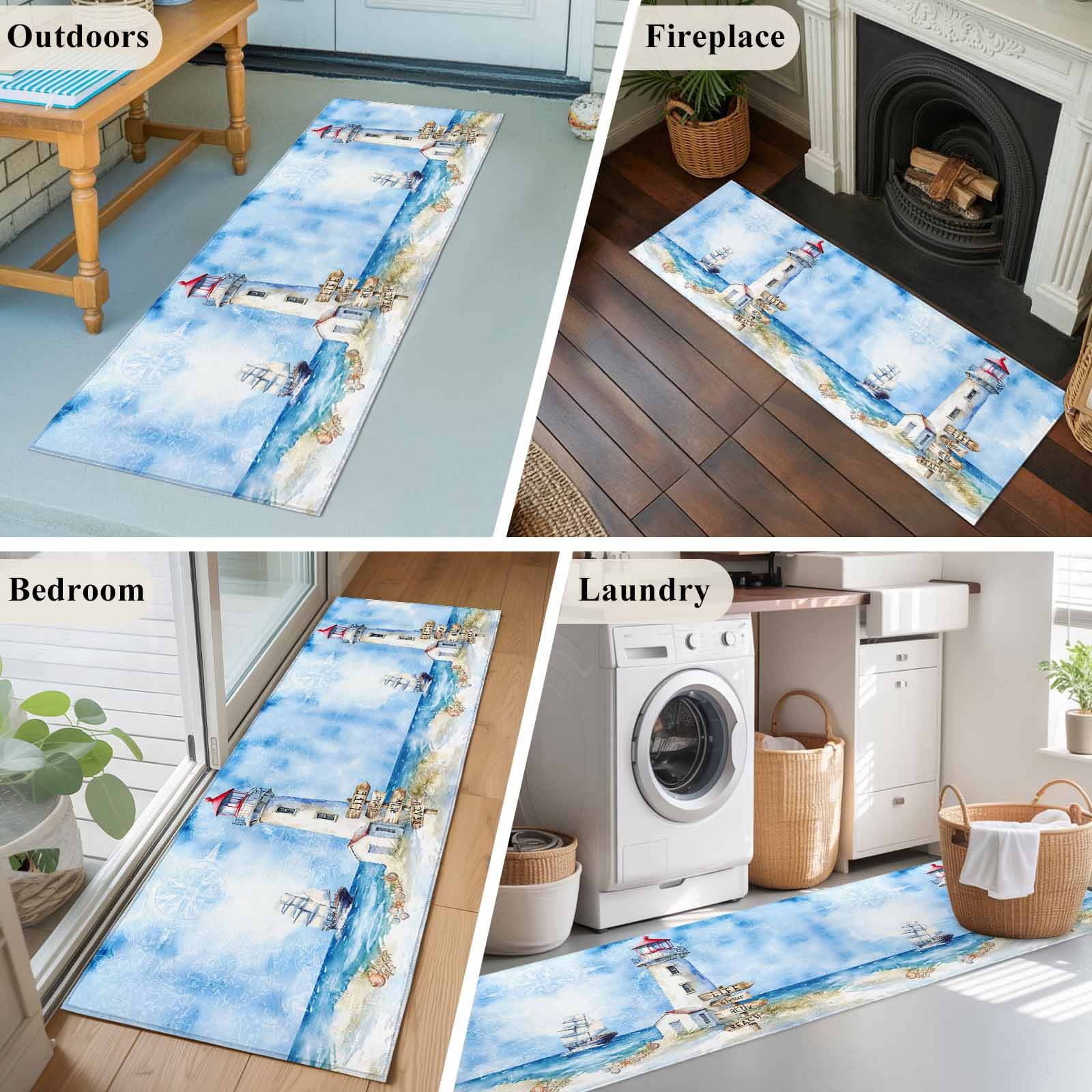 2'x6' Rug Runners for Hallways Kitchen, Nautical Blue Non Slip Entryway Beside Floor Carpet Runner, Lighthouse Ocean Sailboat Summer Painting Washable Laundry Room Bedroom Throw Rugs Mat