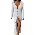 thumbnail image 2 of Robe Chandail Longue en Tricot à Col en V Profond pour Femmes avec Boutons, Manches Longues, Robe Maxi, 2 of 6