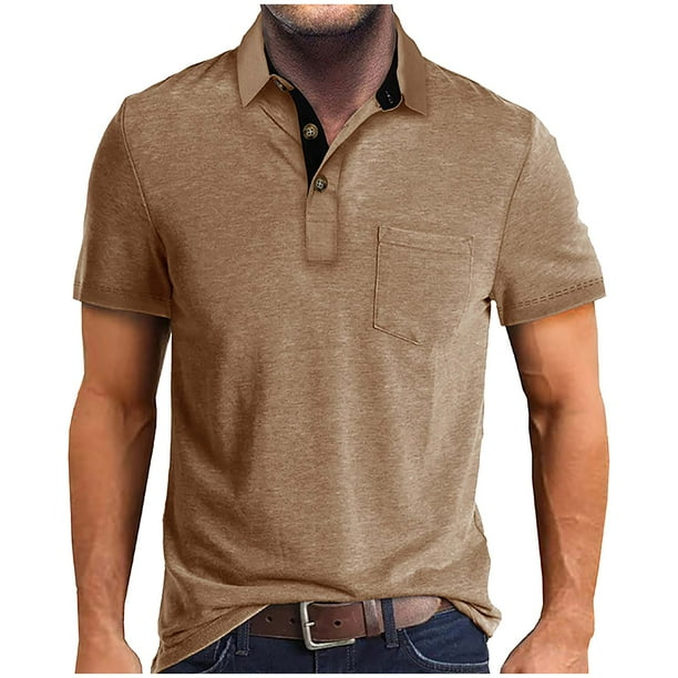 Men's Summer Solid Color T-shirt With A 3 Button Open Collar And Button Up Short Sleeved Top M