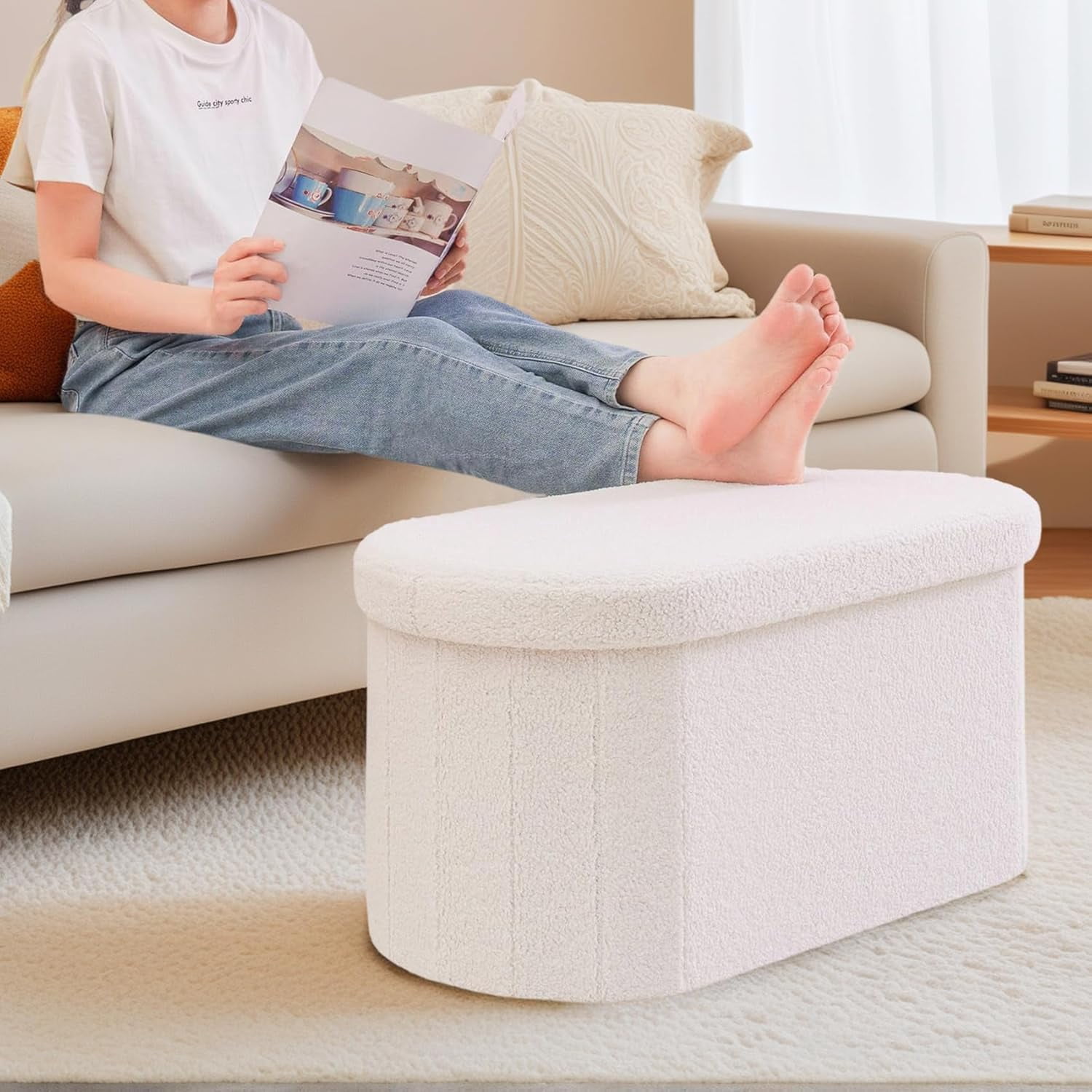 30 Inches Ottoman with Storage, Bedroom  Foot  for Living Room, White Oval Folding Stool
