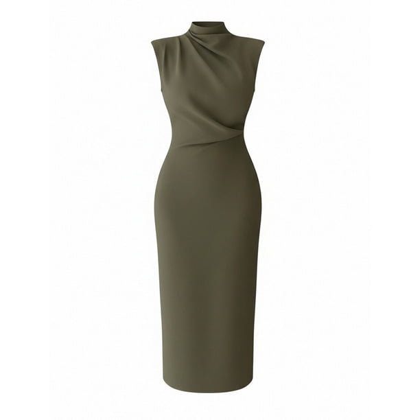 Clodeeu Women's Mock Neck Sleeveless Bodycon Dress ,Solid Color Spring Summer Slim Fit Midi Dress Army Green,Women's Plus M, Size: Medium