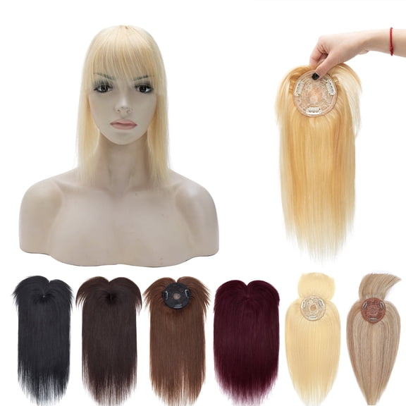 DAPRZIY Hair Toppers for Women Real Human Hair with Bangs 3 Clip In Remy Topper Hairpiece for Thin Hair Natural Looking Hair Extensions 10inch #24 Natural Blonde