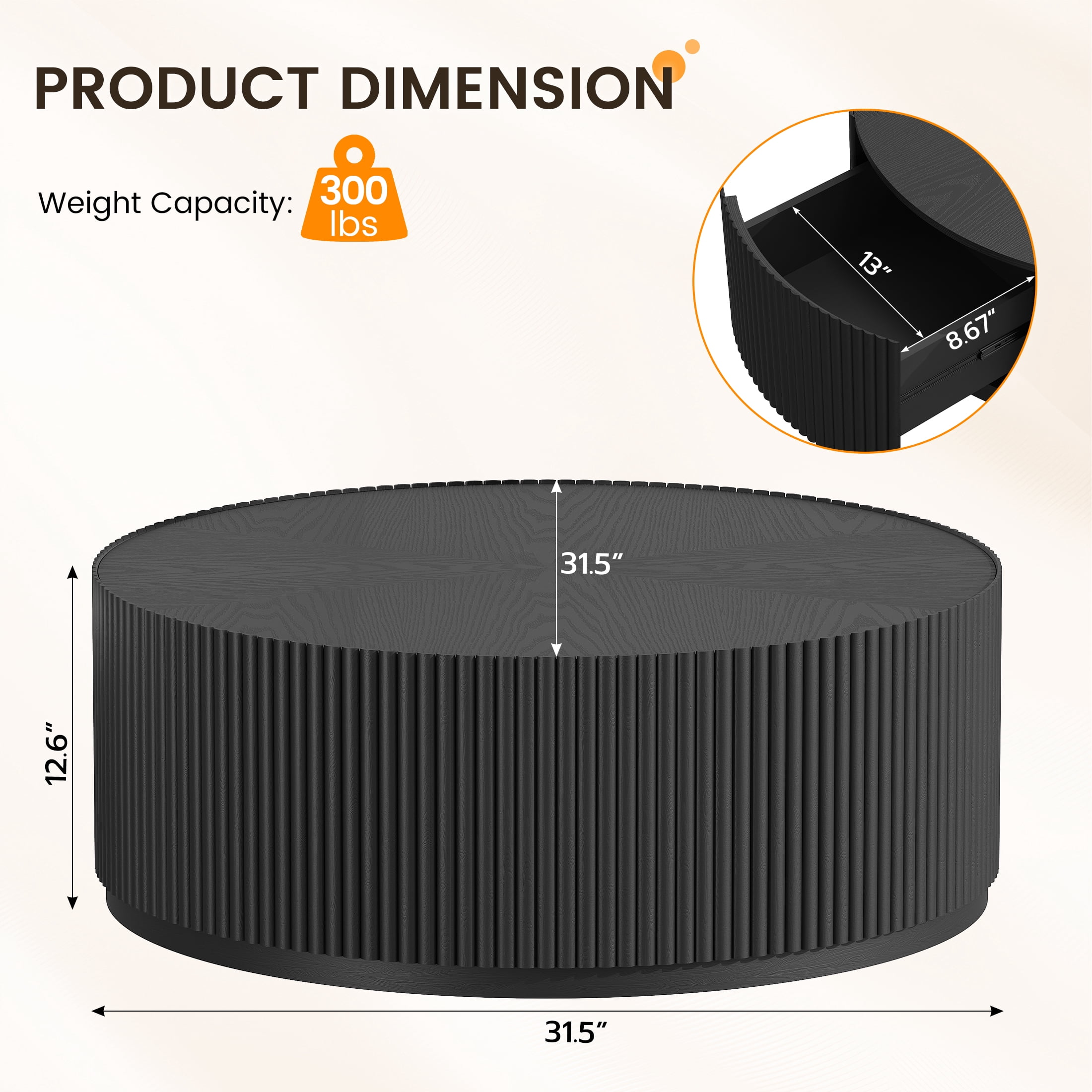 Gelloan 31.5" Round Coffee Table with Two Drawers，Circle Coffee Table Space-Saving Multiple Purpose for Living Room，Dining Room and Home,Black