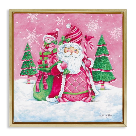 Stupell Industries Eclectic Pink & Green Santa Scene Gold Floating Frame Canvas Art, 25 x 25, by Diane Kater