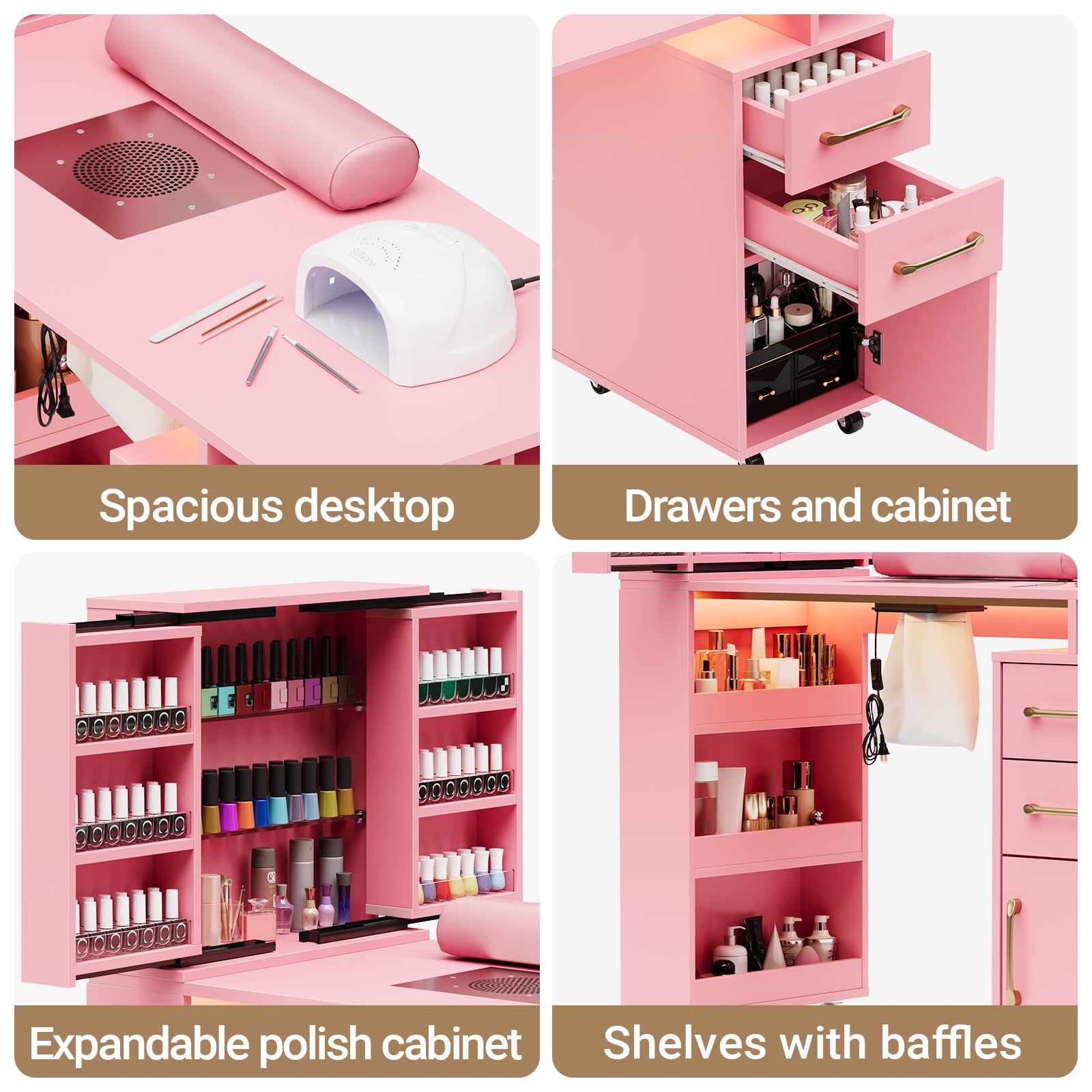 Advwin Professional Manicure Table with Extendable Nail Polish Cabinet, Dust Collector, LED Light & Wrist Rest, Rolling Nail Desk for Nail Tech, Beauty Nail Station for Home & Salon, Pink