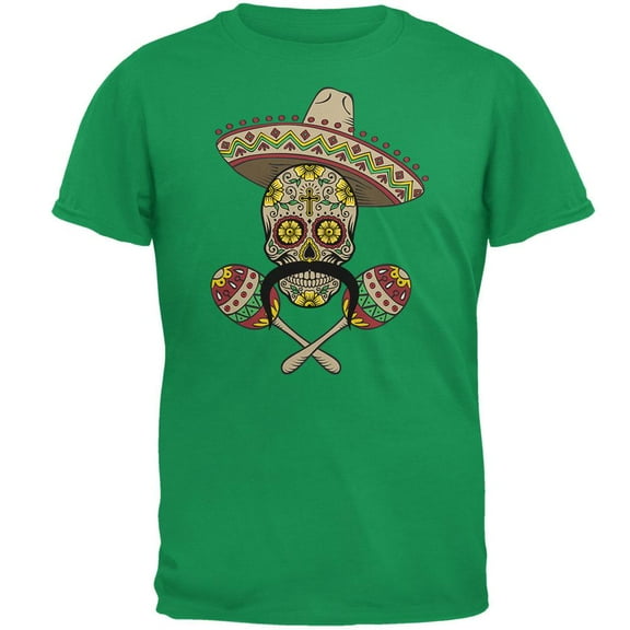 Cinco de Mayo - Sombrero Skull Maracas Crossbones Irish Green Adult T-Shirt - Large