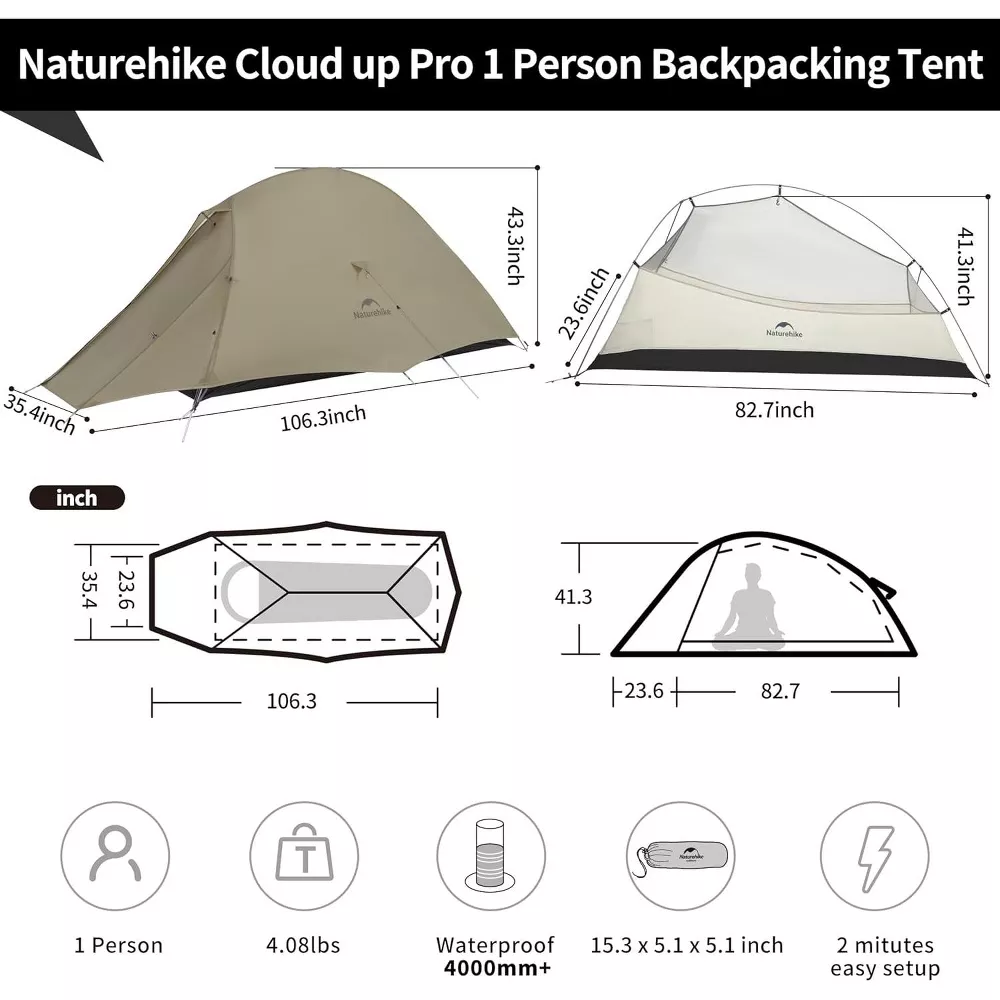 Naturehike 1 Person Tent Lightweight Backpacking Tent with Footprint - Free Standing Ultralight Camping Hiking Backpack Tents, 6.89×3.94ft, Sand