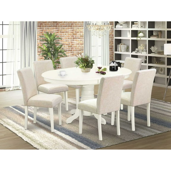 East West Furniture Avon 7-piece Wood Dining Set with Fabric Seat in White