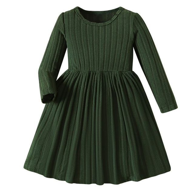 Bwiyojiz Tailles Mode 3-9 Ans Robe à Manches Longues à Col Rond Tout-Petits Enfants Filles Mignonne Robe à Manches de Couleur Unie, 3, Cadeaux pour la Famille, Vert