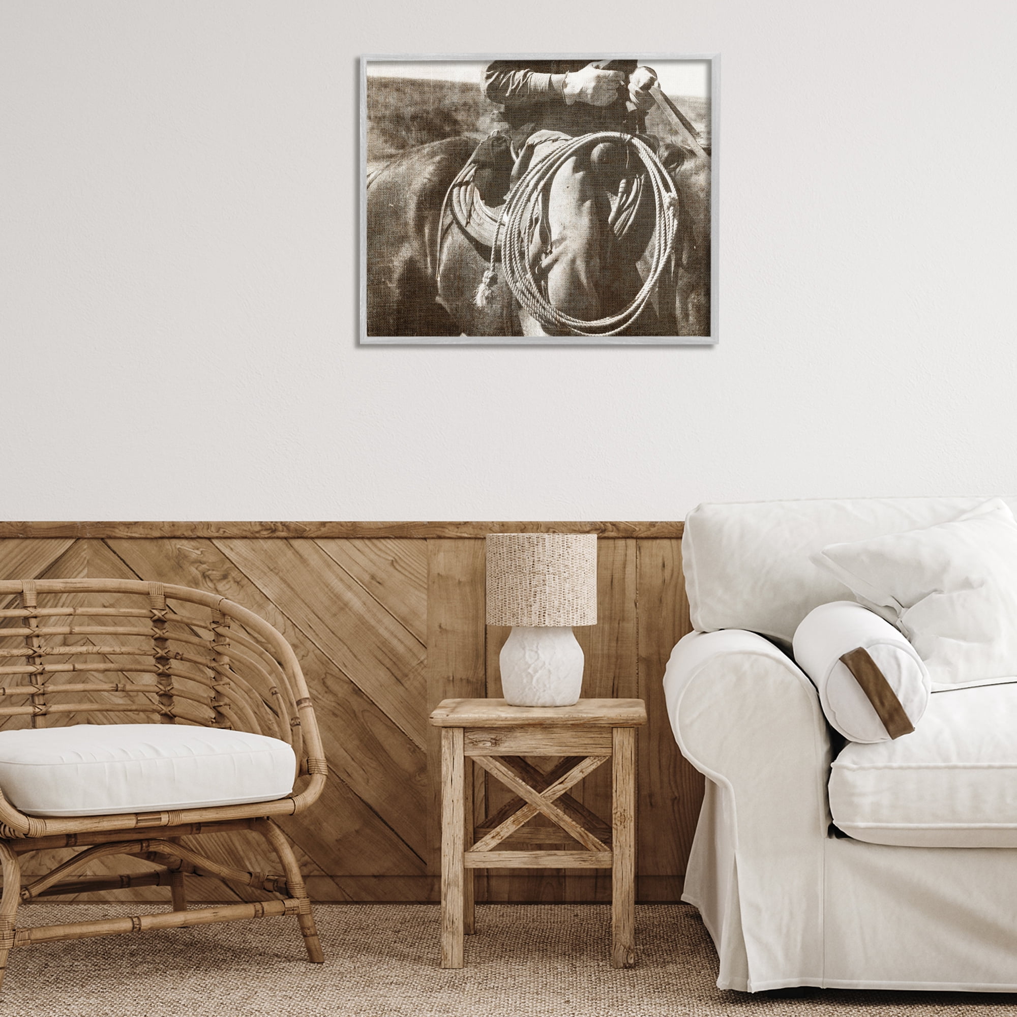 Stupell Industries Cowboy with Lasso Novelty Photography Gray Framed Art Print Wall Art, 30 x 24