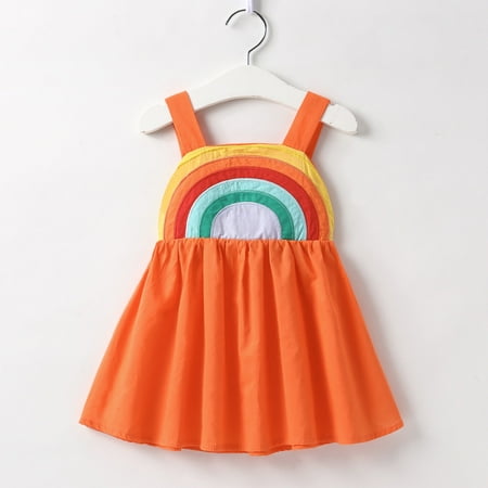 

Tking Fashion Toddler Baby Girls Sleeveless Rainbow Print Backless Princess Dress Orange 100