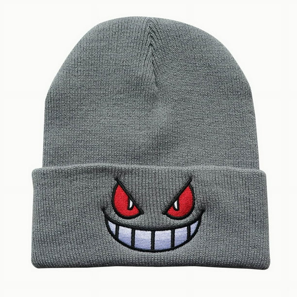 Gorro de punto con bordado de ojos rojos y boca grande de dibujos animados, gorro cálido de lana para otoño e invierno.