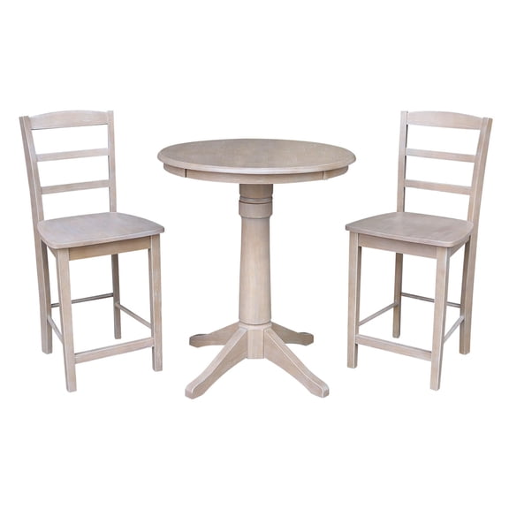 Wood 30" Round Counter Table and 2 Madrid Stools in Washed Gray Taupe - Set of 3