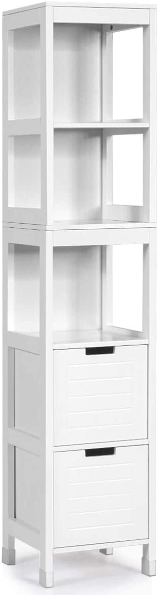 Giantex Adjustable Bathroom 3-Shelves and 2-Drawers Free Standing Cabinet, White
