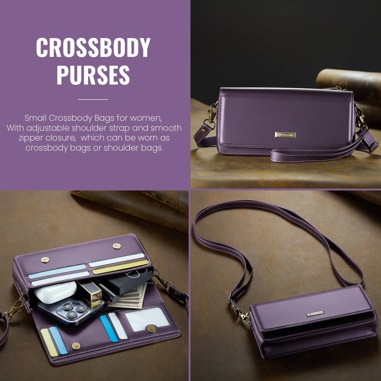 Fashion Small Crossbody Bag for Women,Cell Phone Purse Women's Shoulder Handbags Wallet Purse with RFID Blocking Credit Card Slots Zip Small Crossbody Bag Wrist strap/Shoulder strap - Purple
