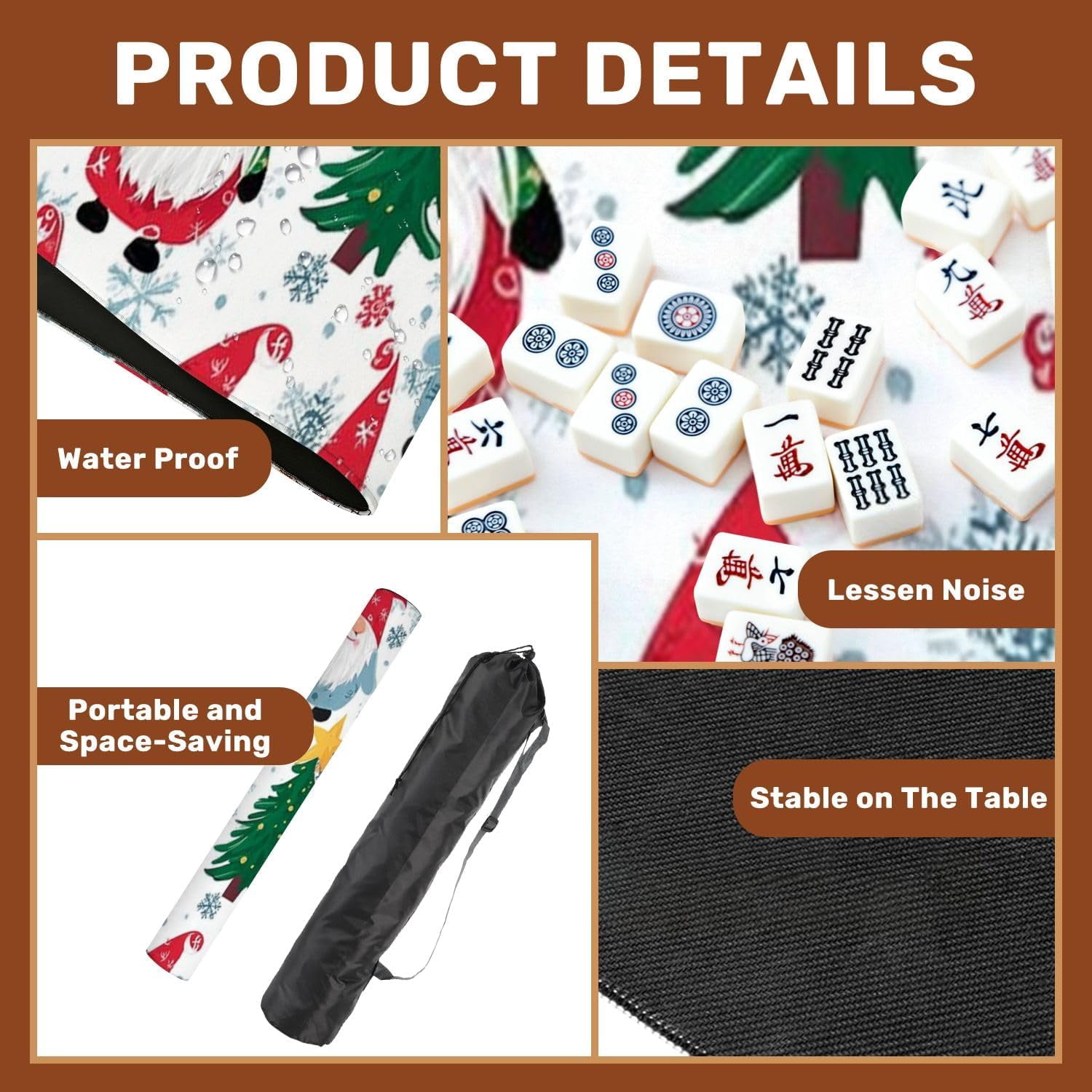 Mahjong Mat 31.5" x 31.5" Christmas Cute Gnomes Seamless Christmas Tree Star Head Snowflakes Non-Slip Noise Reduction Mahjong Tiles Table Cover for Dominoes Poker Card Board and Tile Games