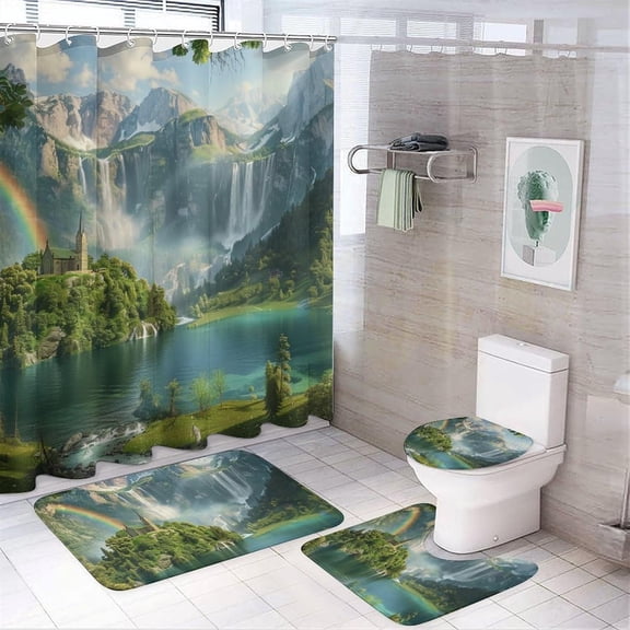 4Pcs Western Modern Castle Shower Curtain Sets with Rugs, Toilet Lid Cover and Bath Mat, Forest Waterfall Lake Forest Fantasy Bathroom Shower Curtains Set with 12 Hooks