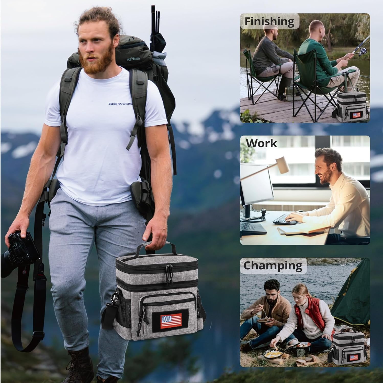 TRIPGEAR Double Deck Lunch Box for Men, Lunch Cooler Bag Work with Shoulder Strap Webbing Large Capacity Leakproof Insulated(19.5 Gray)