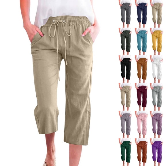 Petite Capris for Women with Pockets 2026 Summer Drawstring Elastic High Waist Casual Capris Straight Wide Leg Cotton Linen Pants Khaki S