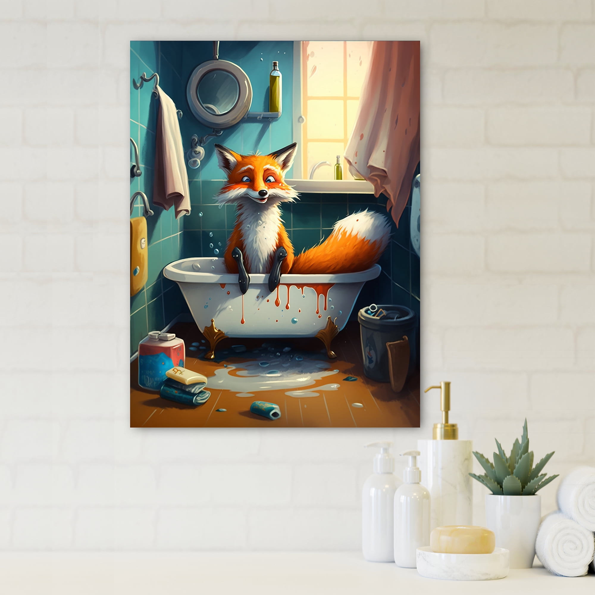 Designart Funny Fox Making A Mess In The Bathroom II Canvas Wall Art
