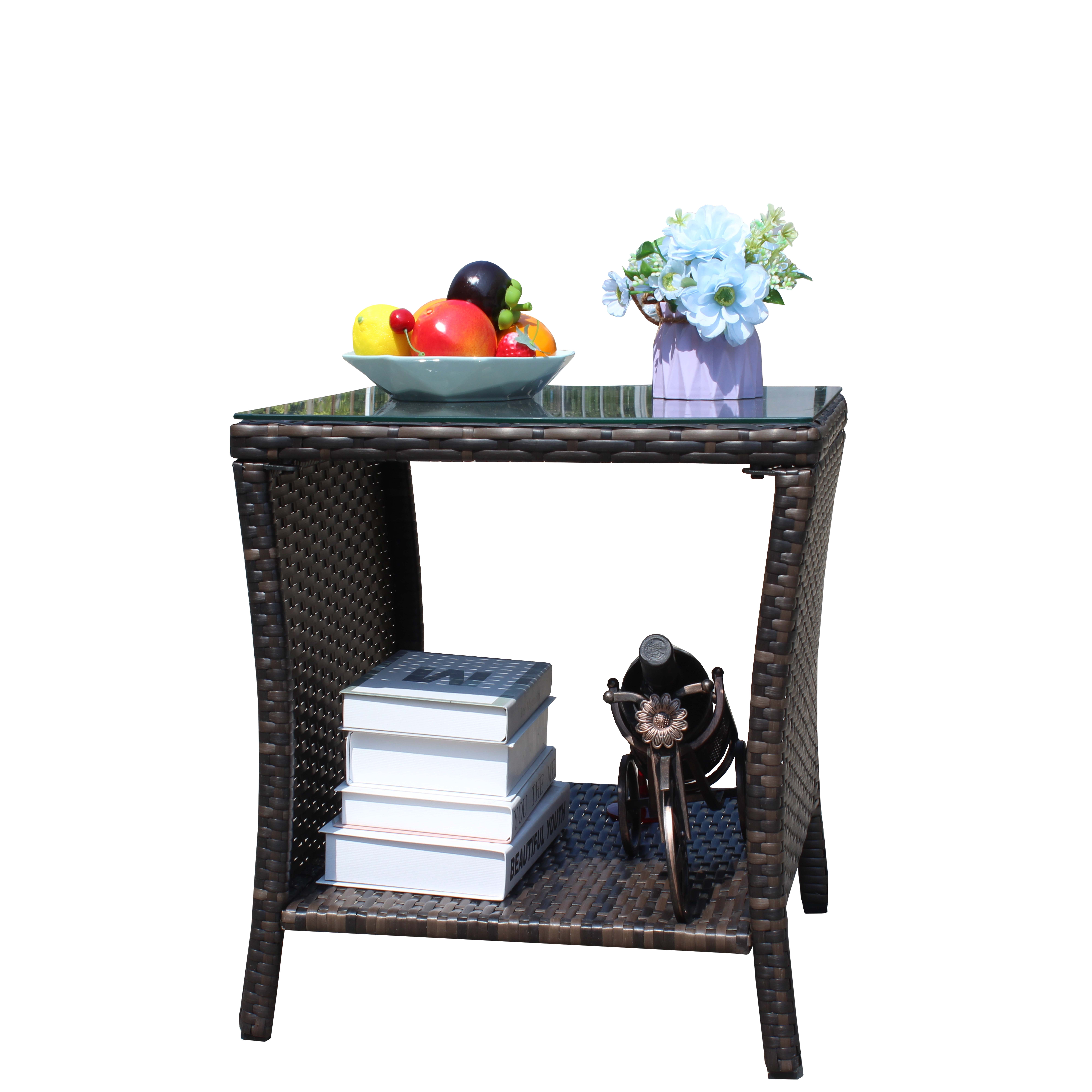 PE Rattan Outdoor Patio Coffee Table with 0.2 Inch Clear Tempered Glass Top, 19.25×19.25×21 Inch Steel Frame Side Table, 120LBS Weight Capacity UV & Water Resistant Garden Deck Table