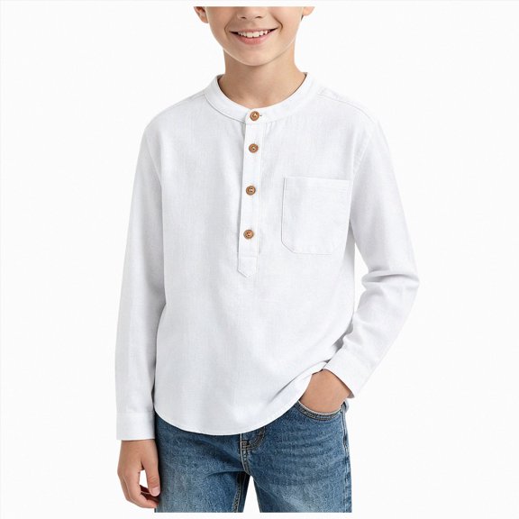 Xyant Boys Button Up Henley Shirts Long Sleeve Fall Cotton Shirt Kids Casual Tees Tops Chest Pocket, Solid Color Basic Winter T-shirts (White,5-6 Years)