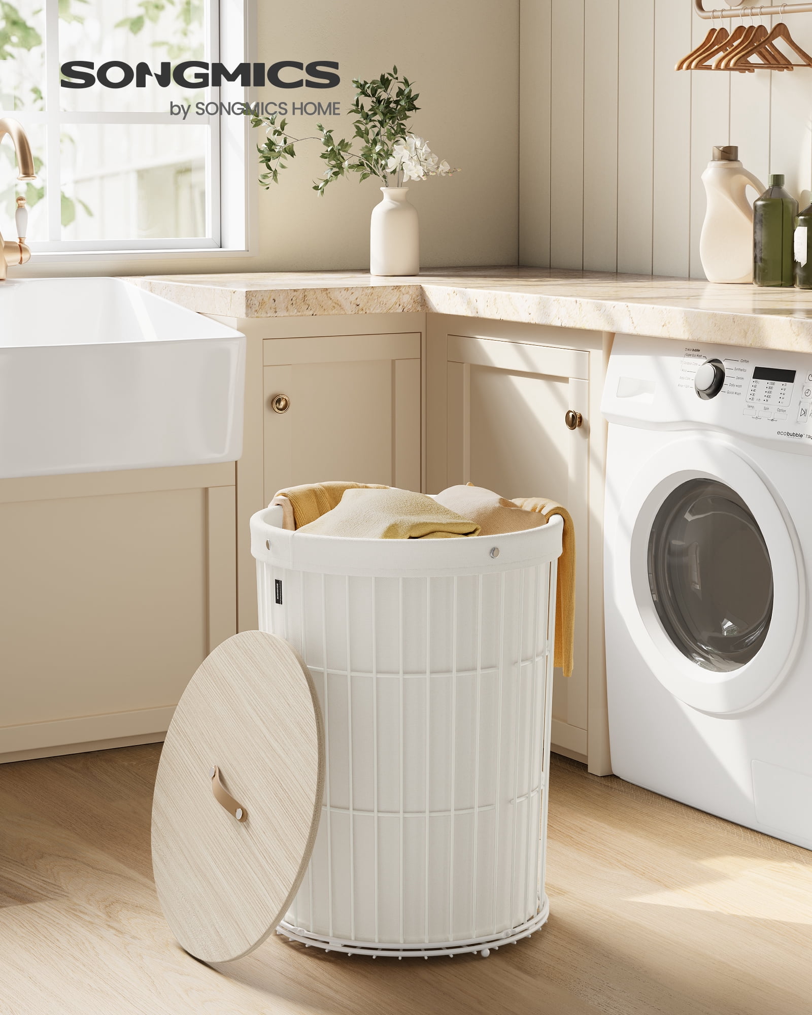 SONGMICS Laundry Hamper with Lid, Round, 25 Gallons (95 L), Versatile, Removable Fabric Liner, Large Capacity, Cream White