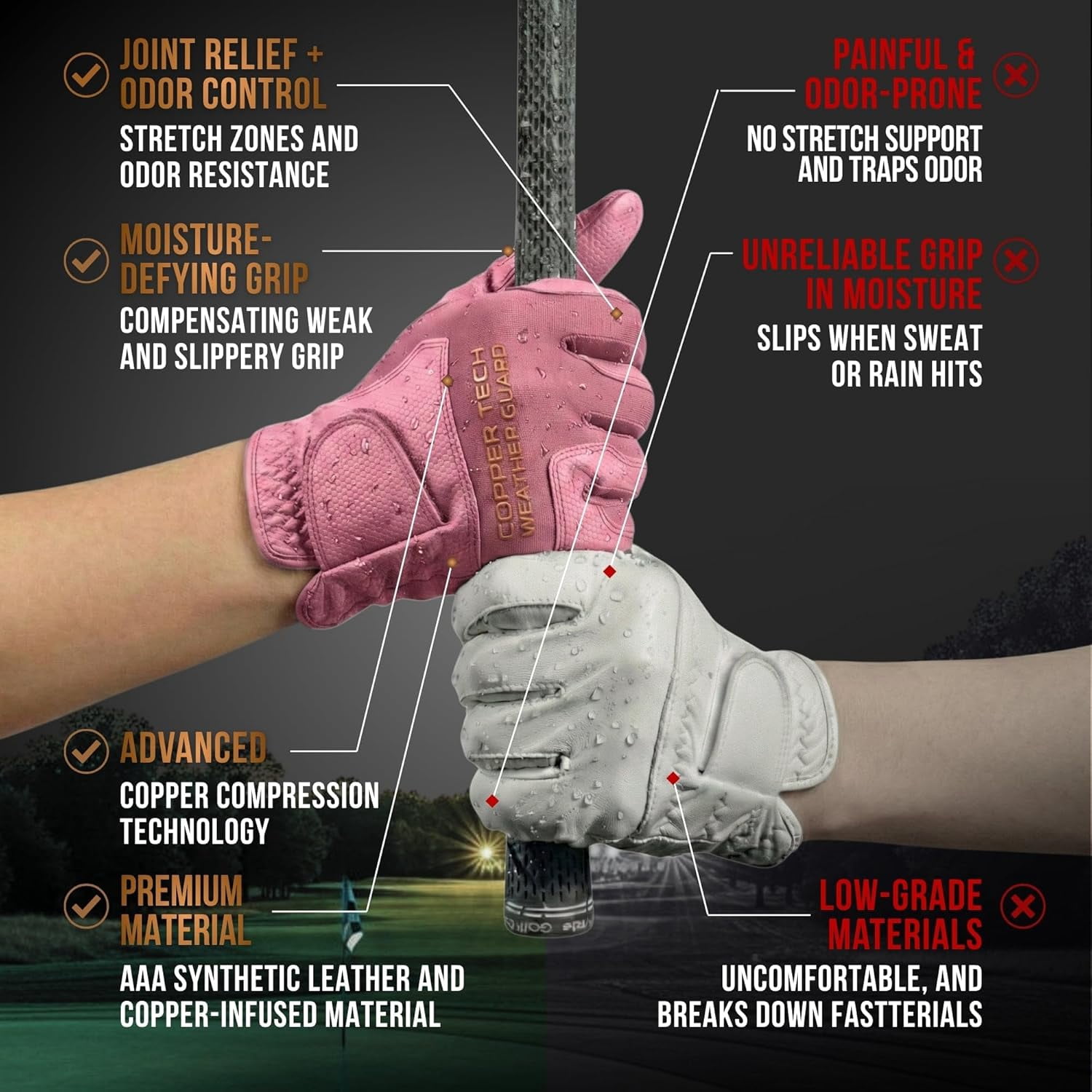Copper Tech Plus Rain Golf Gloves Women | Water-Enhanced Golf Rain Gloves for Women | Joint Support Ergonomic Copper Compression (Pink/Pink, Medium-Large, Right)