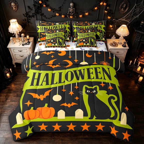 Feelyou Spooky Cat Pumpkin Twin Bedding, Cartoon Bat Spider Bedding Comforter Set, Black Green, Halloween Reversible, 7pcs