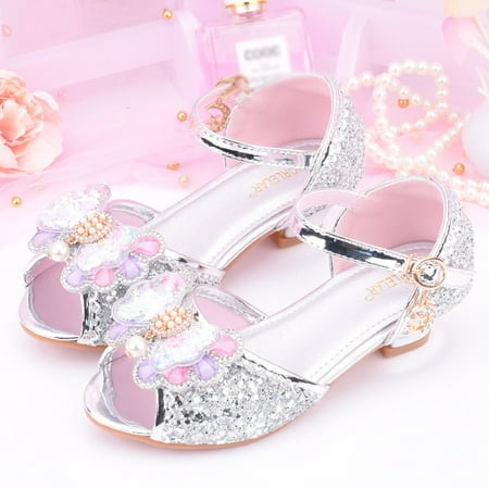 

Aayomet Children Shoes With Diamond Shiny Sandals Princess Shoes Bow High Heels Show Princess Thong Sandals for Toddler Girls Silver 11.5