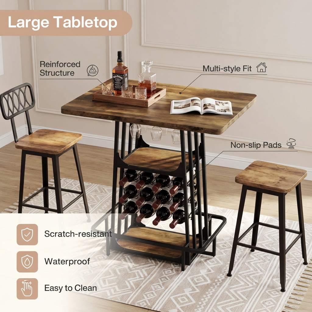 Hommoo 39.4 Inch Industrial Bar Table with 3-Tier Storage, Wine Rack, Glass Holder, Built-in Footrest, Counter Height Pub Table for Home Bar, Coffee Station or Standing Desk, Rustic Brown