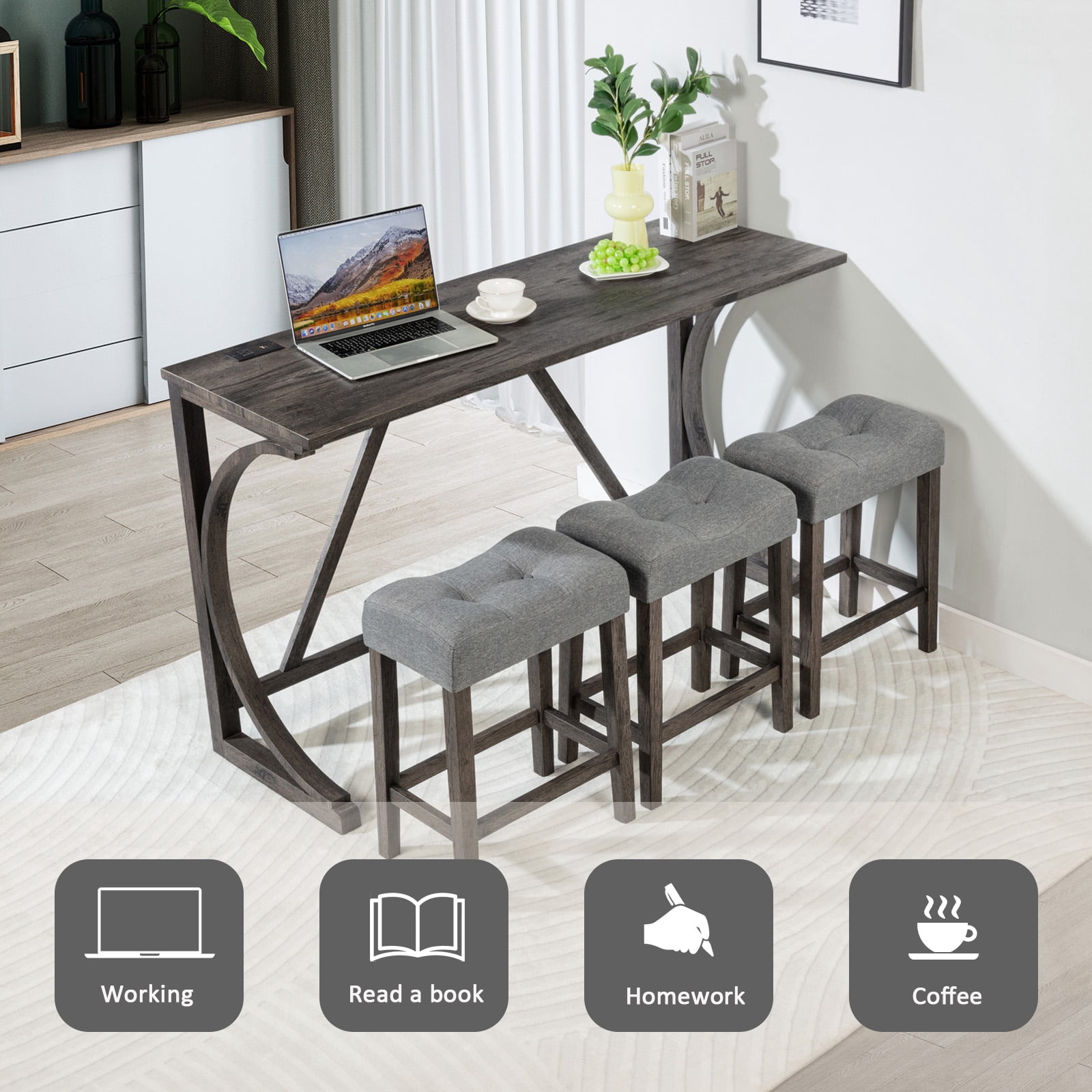 Aukfa 4-Piece Bar Table and Chairs Set with Power Outlet, Dining Table Set with Padded Stools for Living Room, Dining Room, Gray