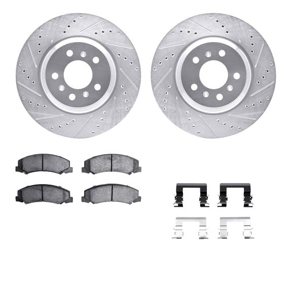 Dynamic Friction Company Front Brake Rotors-Drilled and Slotted-Silver with 5000 Advanced Brake Pads includes Hardware 7512-46013