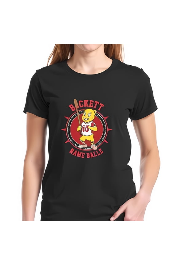 Retro Cartoon Baseball Mascot Graphic Cotton Short Sleeve T-Shirt - Vintage Style with ' ' and 'NAME BALLE' Text