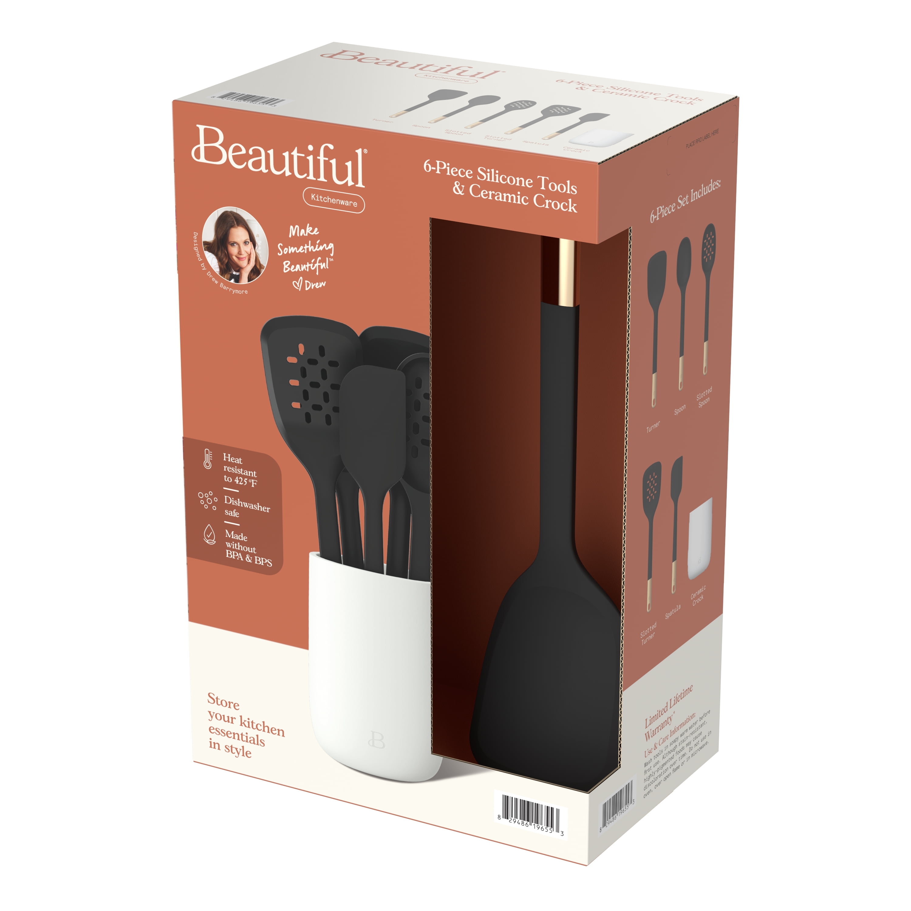 Beautiful 6-Piece Silicone Tool Set with Ceramic Crock, Black Sesame by Drew Barrymore
