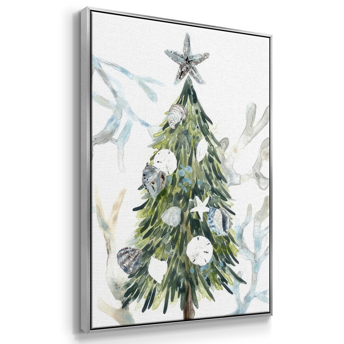 Coastal Christmas Shell Collection B - Framed Gallery Wrapped Holiday Canvas - 17 x 25 - Silver Frame