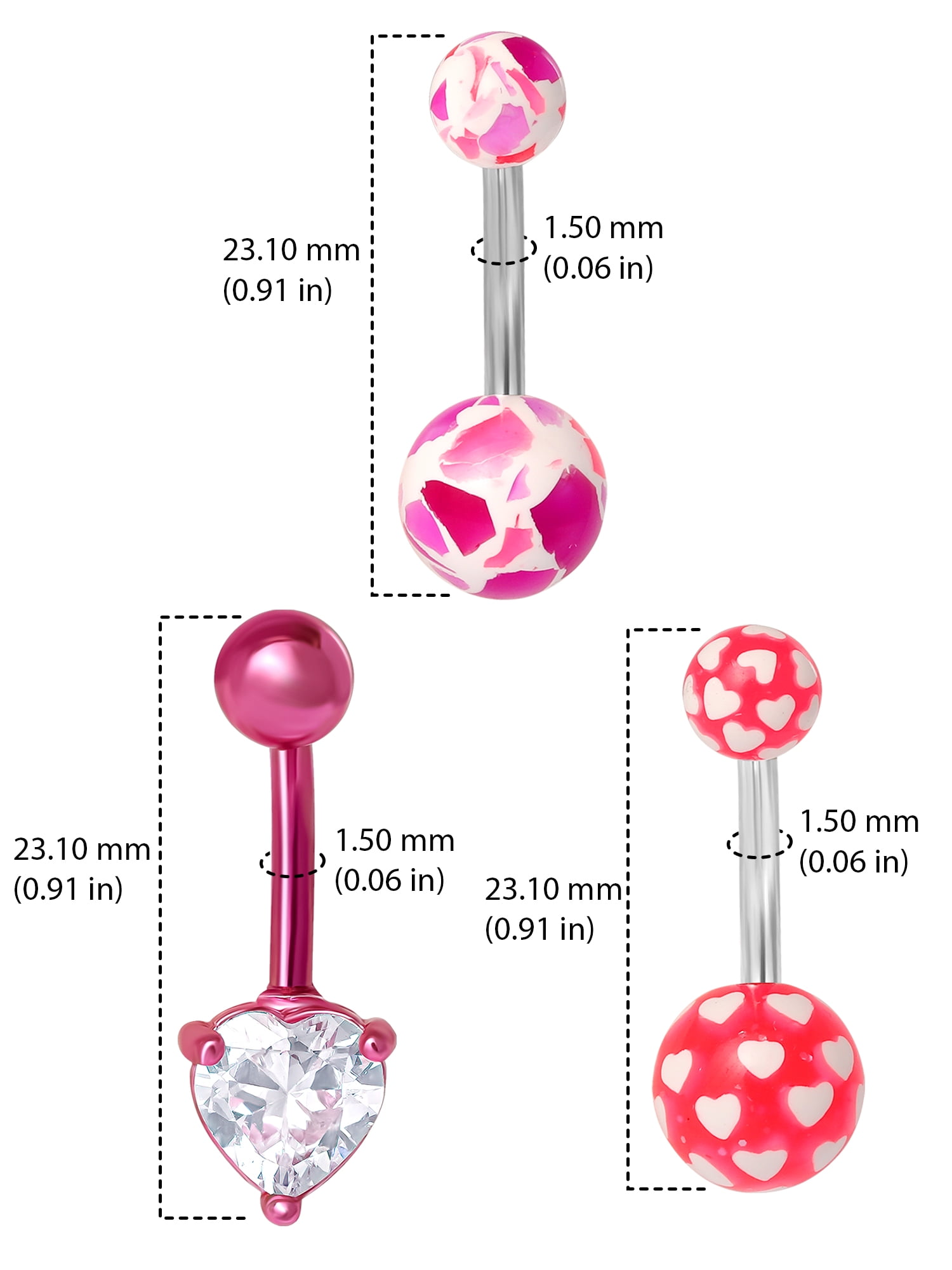 Women’s Stainless-Steel 14G Assorted Pink Belly Rings, 3-Pack Body Jewelry