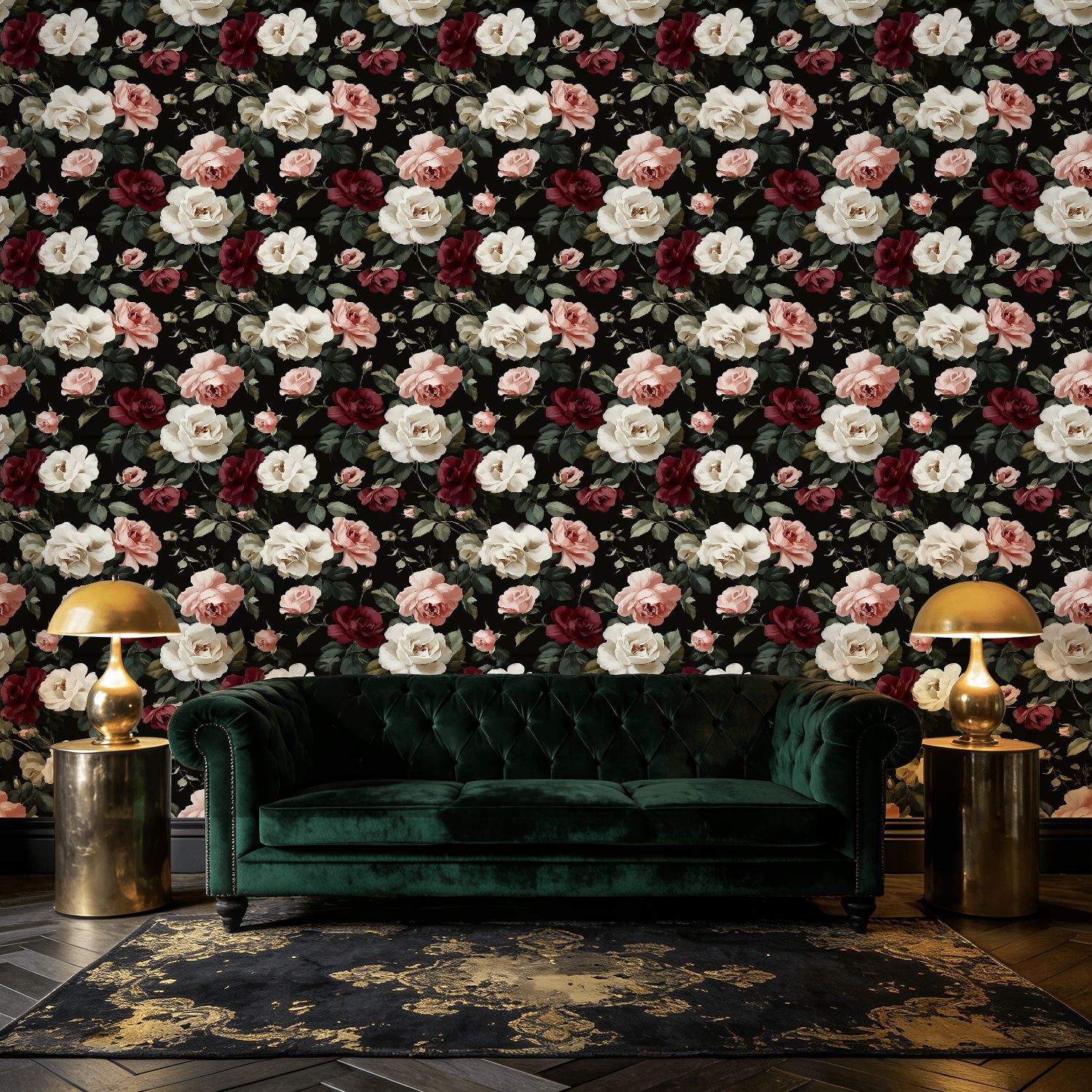 Peel and Stick Wallpaper Vintage Floral White Pink Red Roses Black Wall Mural 17.7in x 9.8ft Self Adhesive Removable Wall Paper Renter Friendly Wallpaper for Nursery Bedroom Cabinets