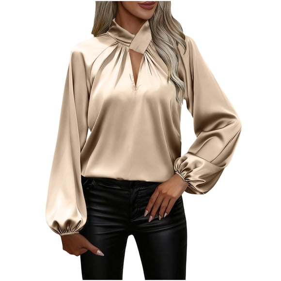Floleo Women Solid Color Mesh Shiny Party Top Breathable 3/4 Sleeve Round Neck Blouse Elegant Evening Wear Festive Occasion Outfit(Beige,M)