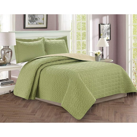 Celine Linen 3-Piece Bedspread Coverlet Quilted Set with Shams - Full/Queen, Sage/Cream