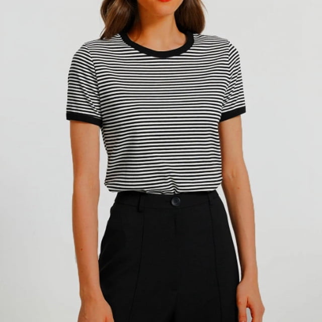 LOVZFMLL Hauts d'Été pour Femmes Été à Rayures Colorblock Manches Courtes Col Rond Haut/chemise
