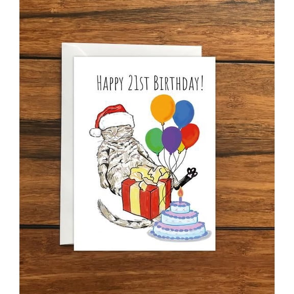 Happy 21st Birthday Card for Cat Lovers – Festive Design with Gifts and Balloons – Perfect for Celebrating Milestones – Fun Greeting Card with Envelope