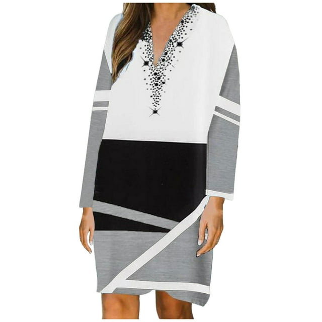 Pompotops Robe Mi-Mollet pour Femme, Mode Rétro, Imprimé Géométrique, à Panneaux, Manches Longues, Col en V, en Solde