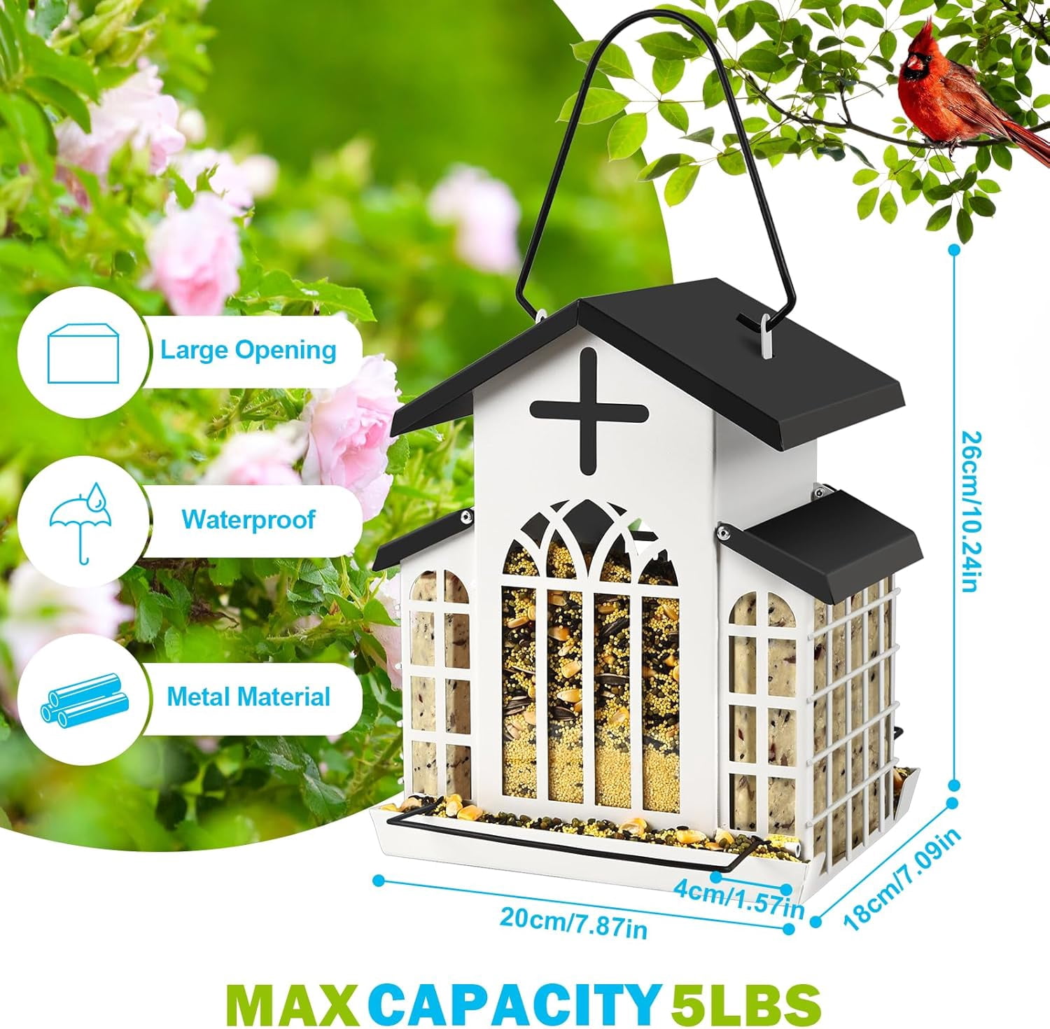 5LB Church Metal Hanging Bird Feeder for Outdoors, Weatherproof Suet Feeders for Outside Hanging, Large Bird Feeders Great for Attracting Finch, Woodpecker and More Wild Birds-Blue