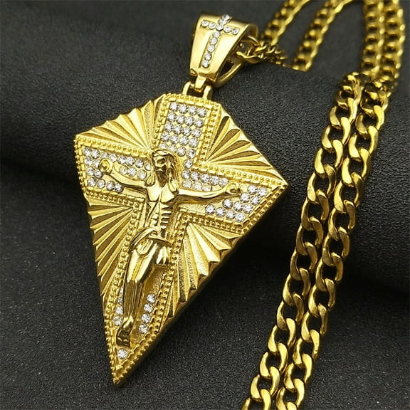 Geometric Christian Jesus Crucifix Cross Necklace for Women Men 14K Yellow Gold Chains Rhinestone Cross Pendants Jewelry Gift