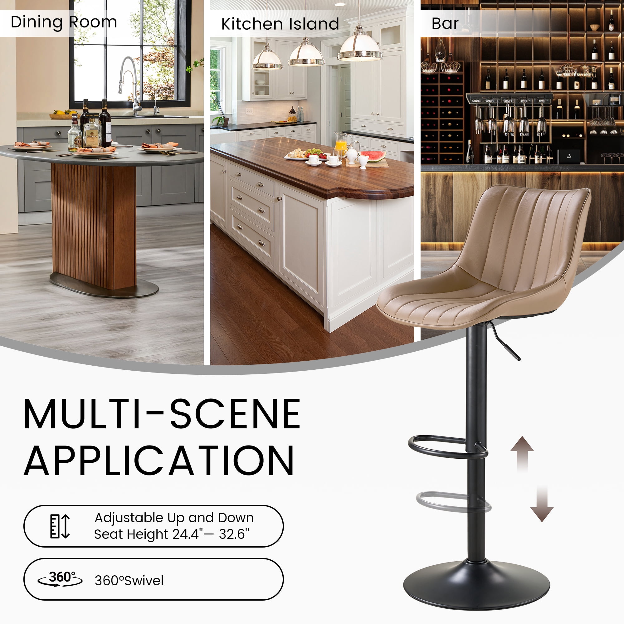SAETSFEG Bar Stools, Adjustable Swivel Counter Height Bar Stool with Footrest, Modern PU Leather Bar Chairs for Kitchen Island, Dining Room, Oatmeal