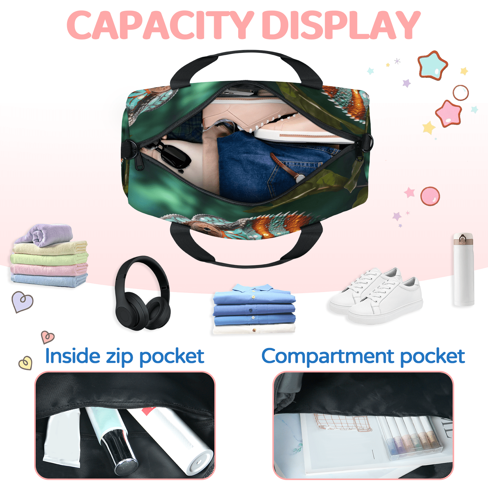 Herdesigns Jungle Lizard Gym Bag for Women, Duffle Bag for Travel Sport, Lightweight Waterproof Carry on Weekender Overnight Dance Yoga Workout Bags